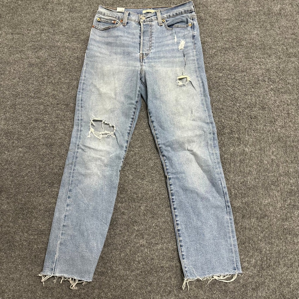 Levi's Wedgie Straight Jeans Womens Size 29 Blue Distressed Denim Raw Hem Good